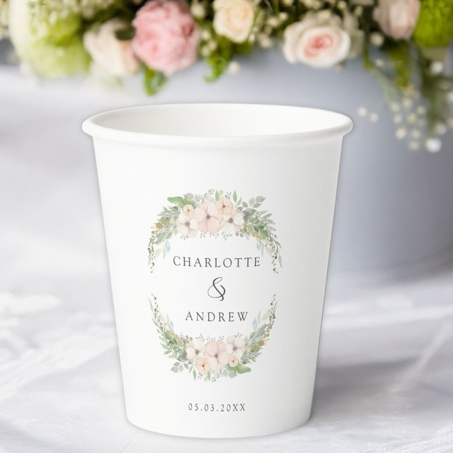 Gobelets En Papier Moderne, élégant mariage de fleurs d'eucalyptus (Modern, elegant eucalyptus flower wedding paper cups with your name and date.)