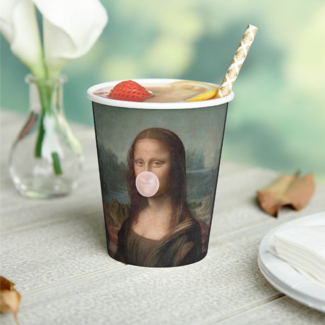 Gobelets En Papier Mona Lisa soufflant un bubble gum rose  (Insitu)