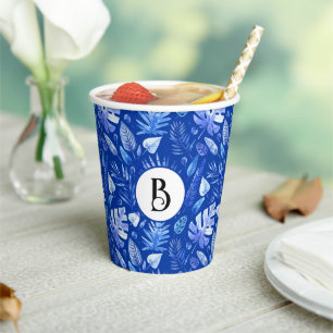 Gobelets En Papier Monogramme, Cobalt Blue Tropical Feuille Motif 8oz