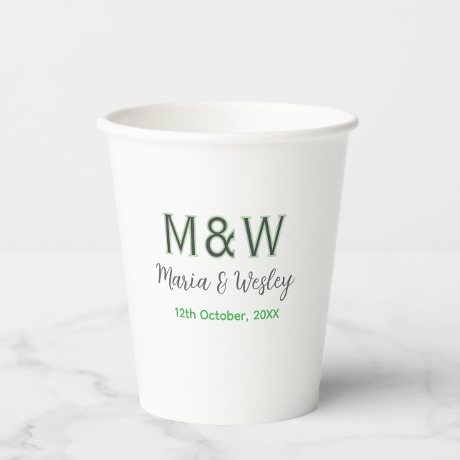 Gobelets En Papier Monogramme couple gris vert moderne date romantiqu (Recto)
