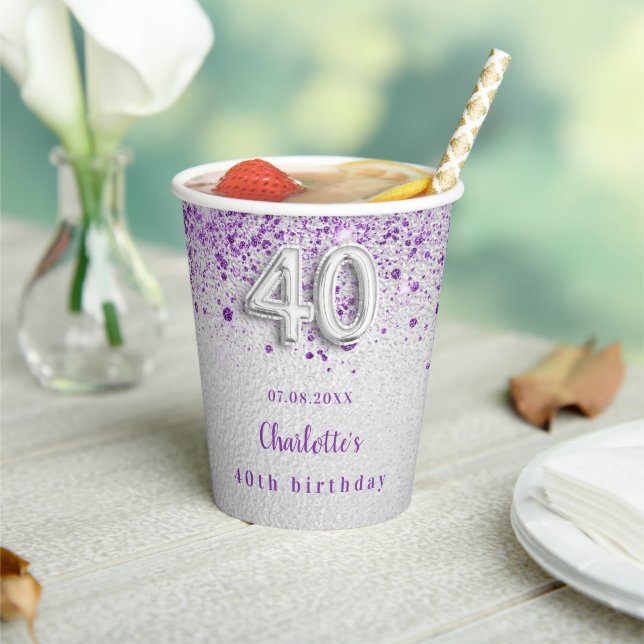 Gobelets En Papier monogramme de 40e anniversaire argent violet parti (Insitu)
