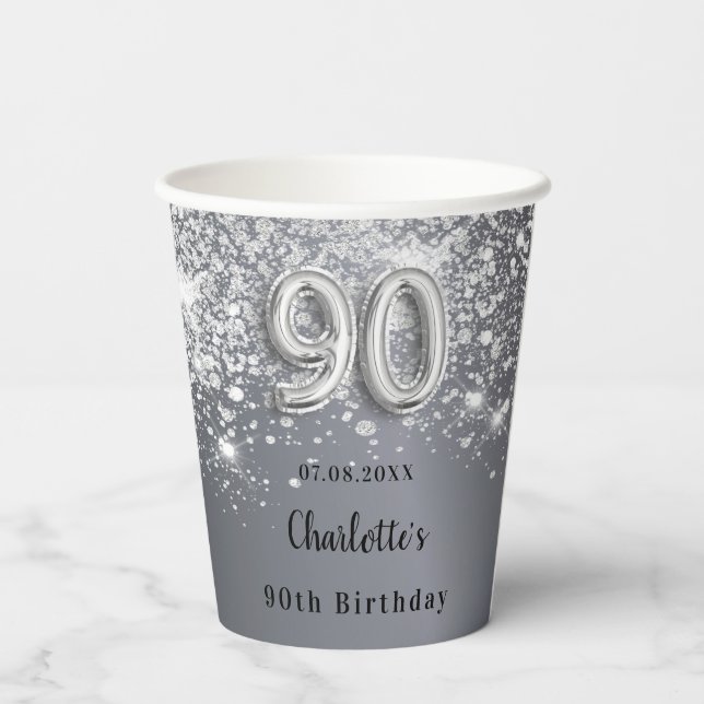 Gobelets En Papier monogramme de 90e anniversaire de parties scintill (Verso)