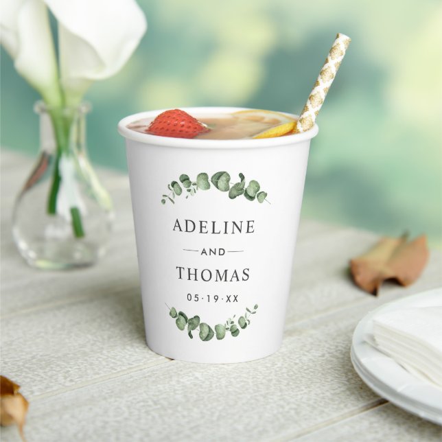 Gobelets En Papier Monogramme de mariage à la verdure élégante d'euca (Insitu)
