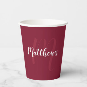 Gobelets En Papier Monogramme de script personnalisé et nom Bourgogn
