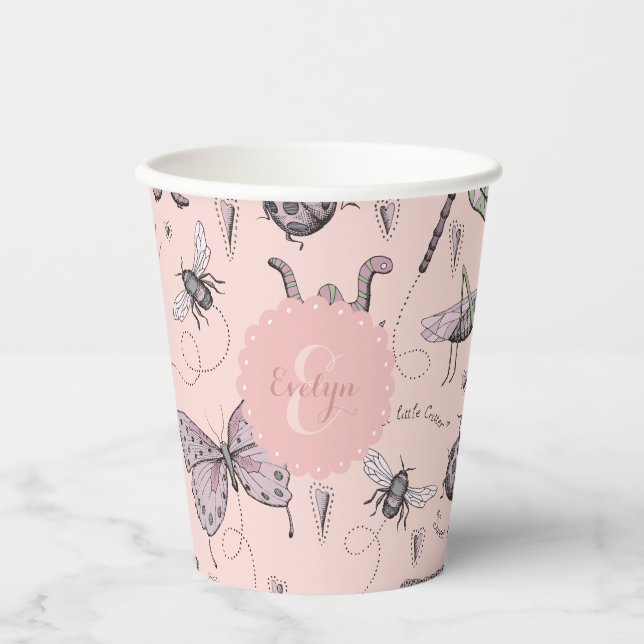 Gobelets En Papier Monogramme D'Insectes Roses Bleues (Recto)