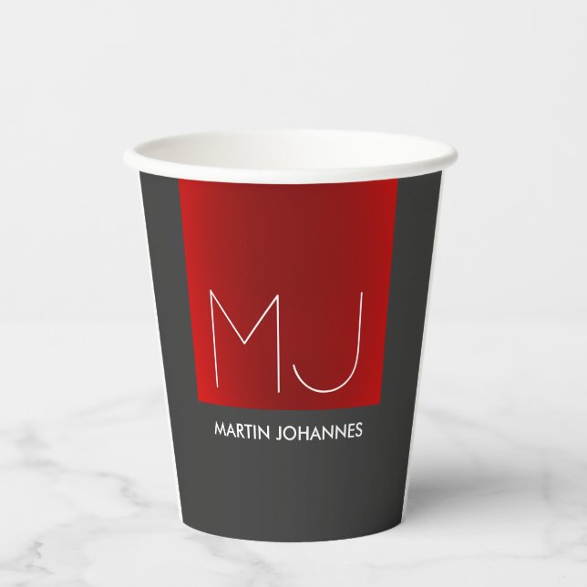 Gobelets En Papier Monogramme Elegant Red Grey Ajouter Nom Initiales (Recto)