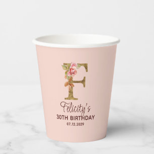 Gobelets En Papier Monogramme en or lettre F Roses rose pâle