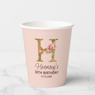 Gobelets En Papier Monogramme en or lettre H Roses rose blush