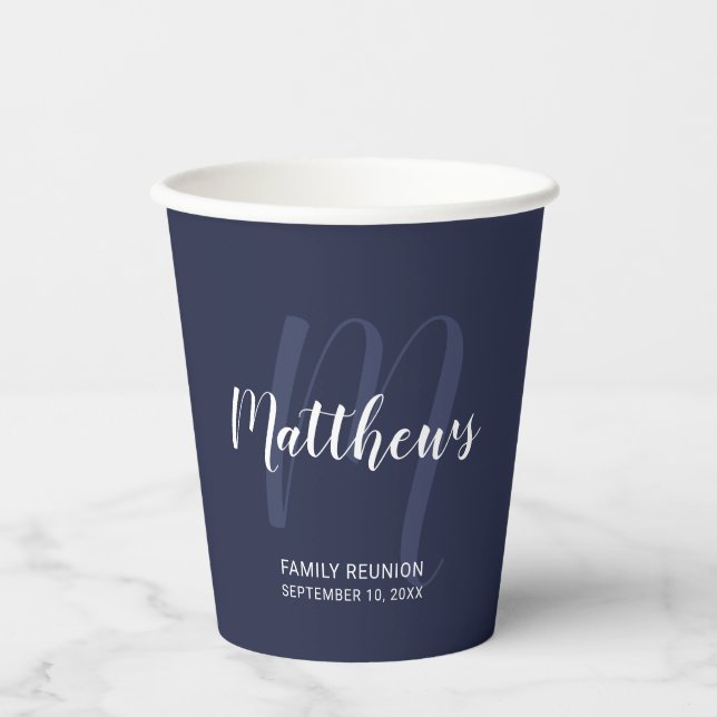 Gobelets En Papier Monogramme et nom de script personnalisé Marine Bl (Recto)