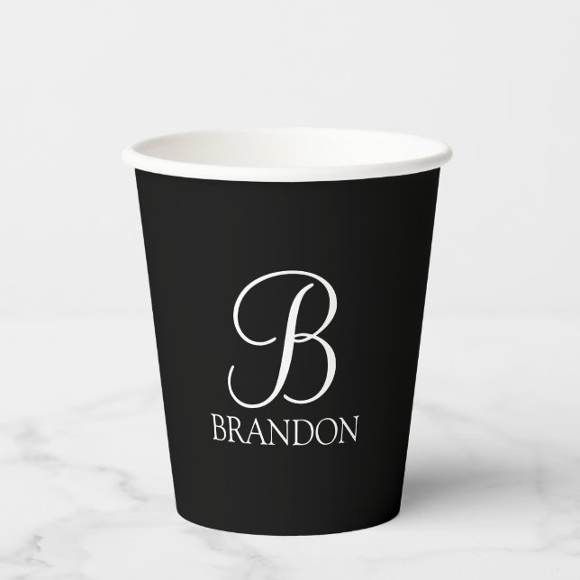 Gobelets En Papier Monogramme et nom de script personnalisé noir (Recto)