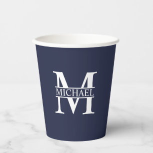 Gobelets En Papier Monogramme et nom personnalisés bleu marine