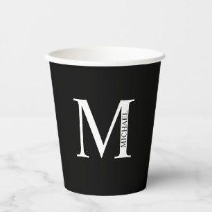 Gobelets En Papier Monogramme et nom personnalisés noir et blanc