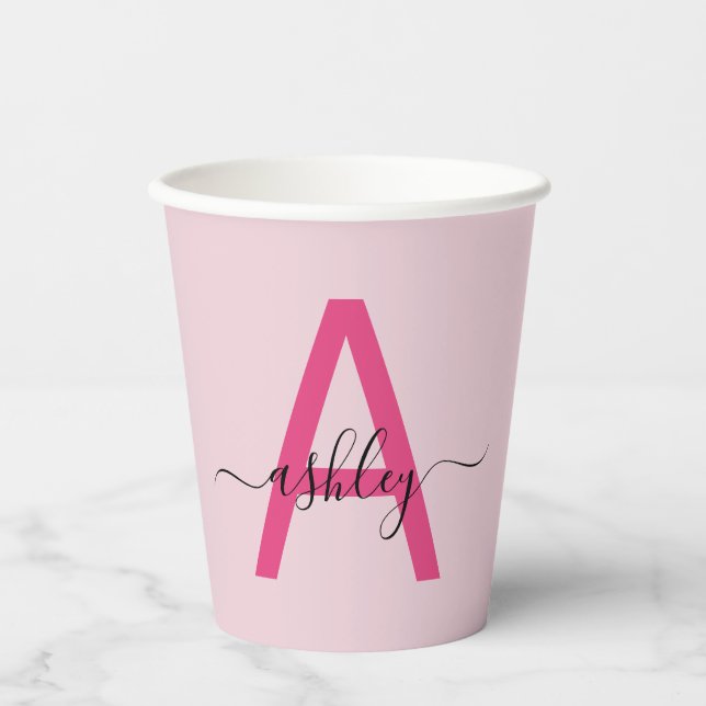 Gobelets En Papier Monogramme Féminin Moderne en Écriture Rose Chaud (Recto)