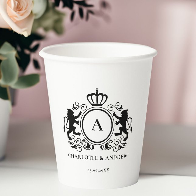Gobelets En Papier Monogramme, logo, emblème & lion mariage Coupe en  (Monogram, logo, emblem & lion weddings Paper cup with your monogram,name and date.)