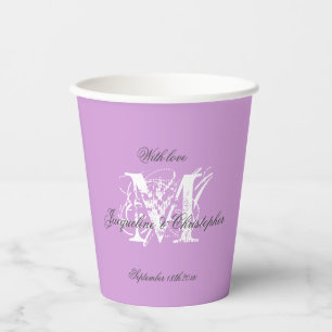 Gobelets En Papier Monogramme Mariage mauve moderne + Noms Chic migno