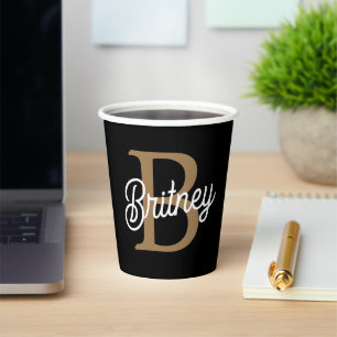 Gobelets En Papier Monogramme moderne élégant Nom Black Gold Script