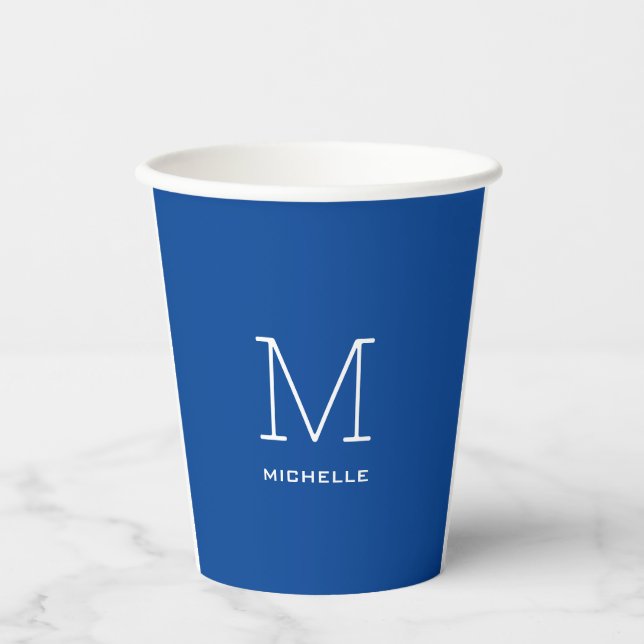 Gobelets En Papier Monogramme Nom initial Bleu profond Unique Minimal (Recto)