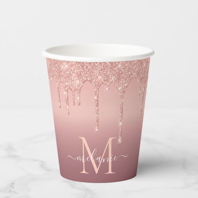Gobelets En Papier Monogramme Nom Rose Gold Blush Parties scintillant (Recto)