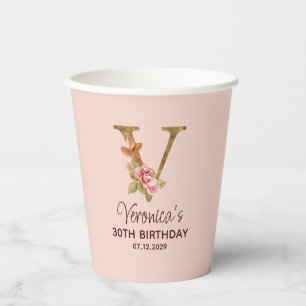 Gobelets En Papier Monogramme Or Lettre V Or Rose Rose Pâle