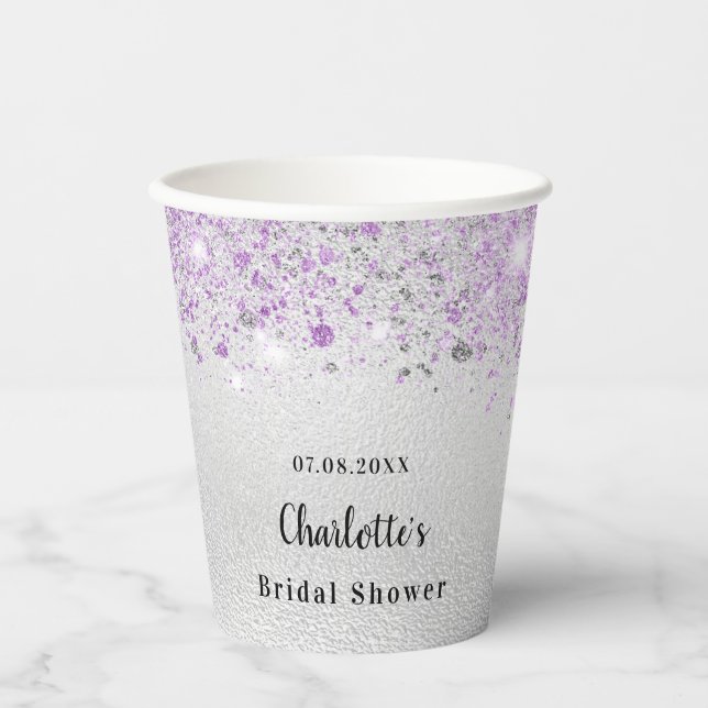 Gobelets En Papier Monogramme pailleté argent violet pour douche de m (Recto)