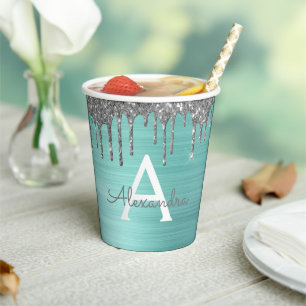 Gobelets En Papier Monogramme Pailleté et Scintillant Aqua Bleu Argen