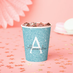 Gobelets En Papier Monogramme Pailleté et Scintillant Bleu Aqua Turqu