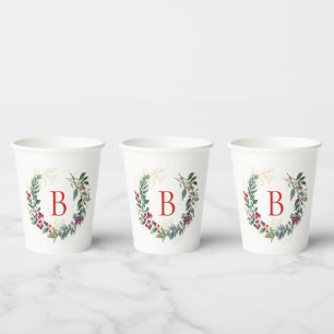 Gobelets En Papier Monogramme personnalisé de la couronne de Noël