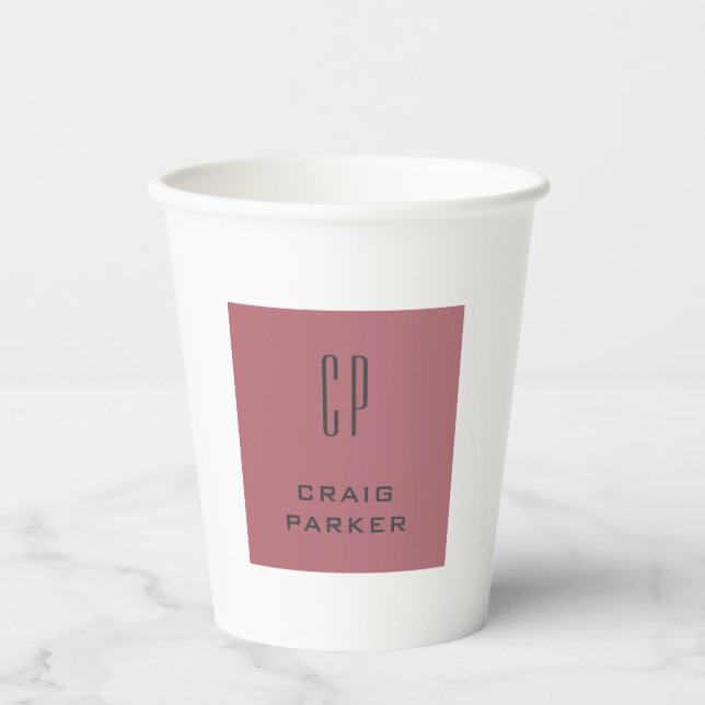 Gobelets En Papier Monogramme professionnel moderne Rose clair or bla (Recto)