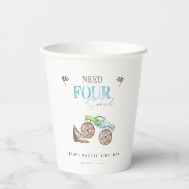 Gobelets En Papier Monster Trucks 4th Birthday Paper Cup (Recto)