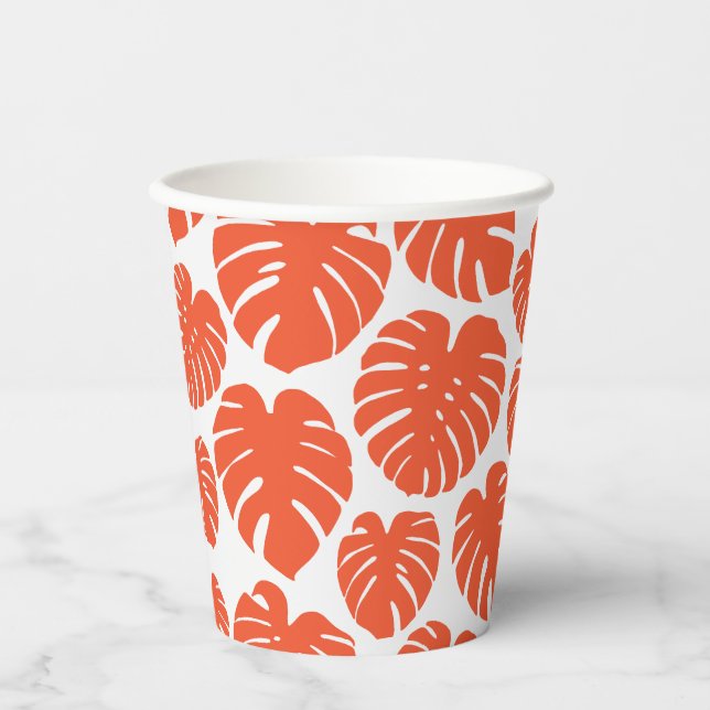 Gobelets En Papier Monstera - Orange et blanc (Recto)
