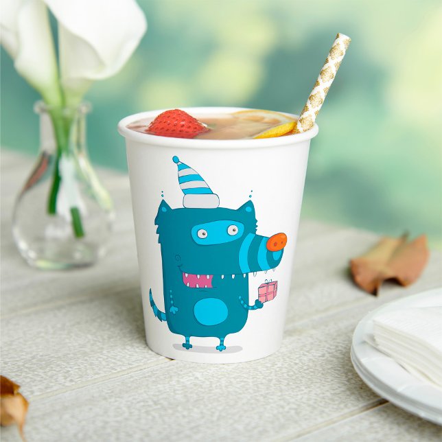 Gobelets En Papier Monstre de dessin animé bleu avec Casquette de fêt (Créateur téléchargé)
