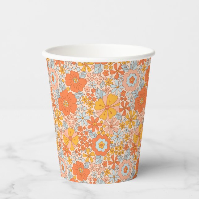 Gobelets En Papier Motif à fleurs Orange Retro (Recto)
