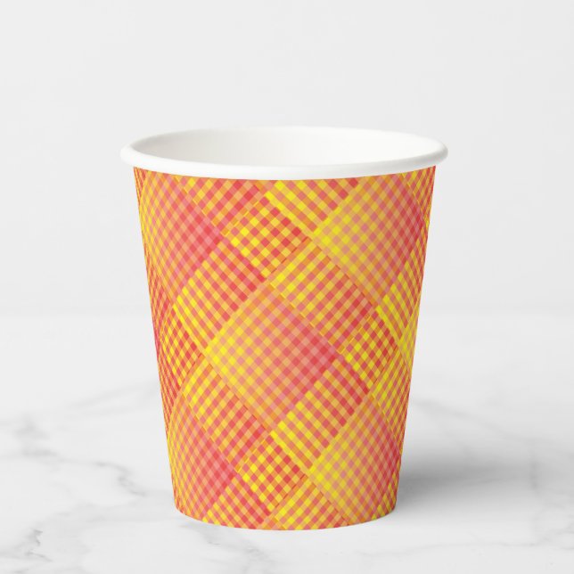 Gobelets En Papier Motif Abstrait à Damier Rouge Jaune (Recto)