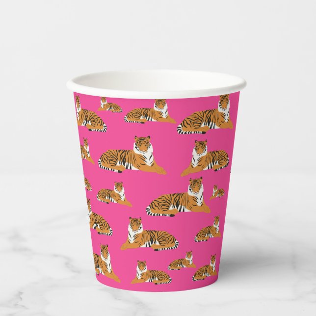 Gobelets En Papier Motif animal du tigre de la jungle rose orange (Recto)