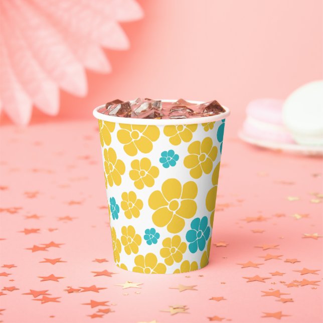 Gobelets En Papier Motif aux fleurs - Turquoise et Jaune (Insitu)