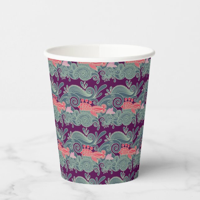 Gobelets En Papier Motif Avec Poisson Et Vague Violette (Gauche)