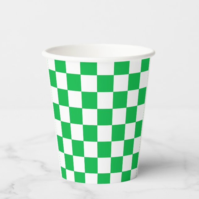 Gobelets En Papier Motif blanc À damiers blanc vert (Recto)