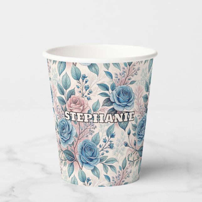 Gobelets En Papier Motif bleu et rose sur blanc doux (Recto)