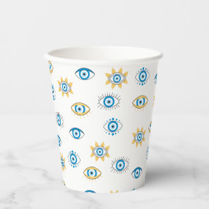 Gobelets En Papier Motif bleu, or et blanc de l'oeil grec Mati