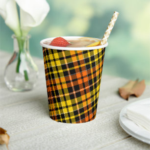 Gobelets En Papier Motif carreaux tartan noir jaune orange