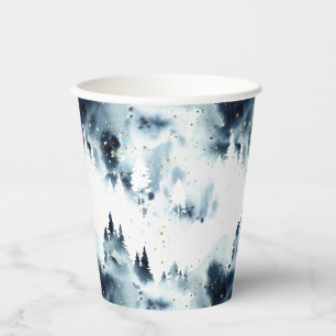 Gobelets En Papier Motif d'aquarelle de la forêt bleue de minuit