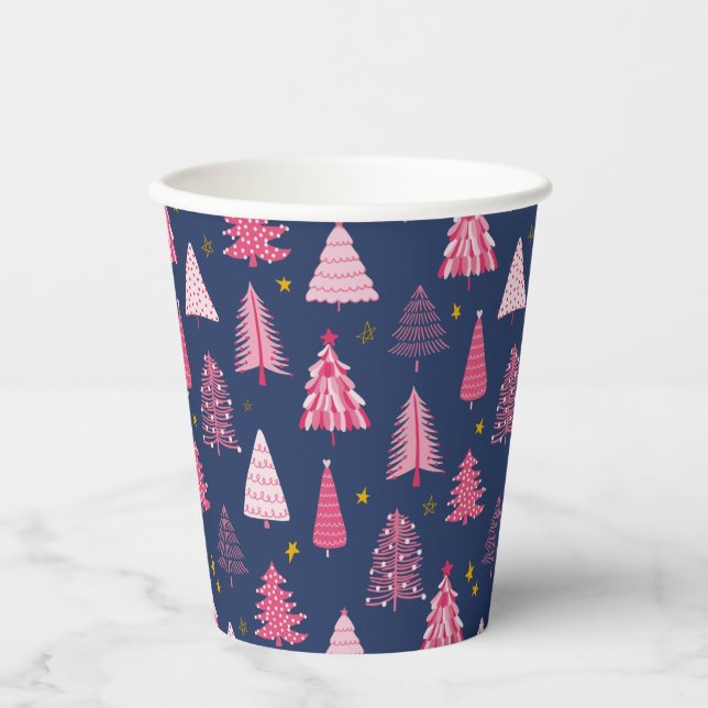 Gobelets En Papier Motif d'arbre de Noël bleu et rose (Recto)