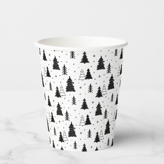 Gobelets En Papier Motif d'arbre de Noël noir et blanc (Recto)