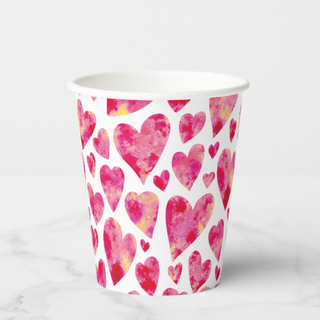 Gobelets En Papier Motif de coeur d'amour rose (Recto)