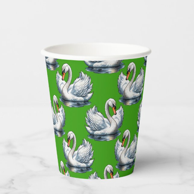 Gobelets En Papier Motif de cygnes sur fond vert  (Recto)