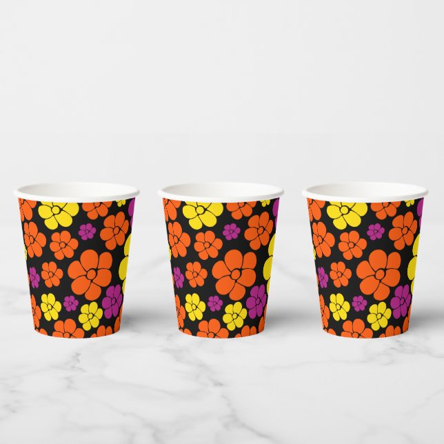 Gobelets En Papier Motif de fleurs - Noir, Rose, Orange et Jaune (Multi)