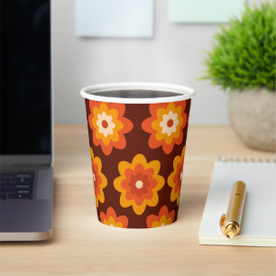 Gobelets En Papier Motif de fleurs orange bohème hippie rétro groovy