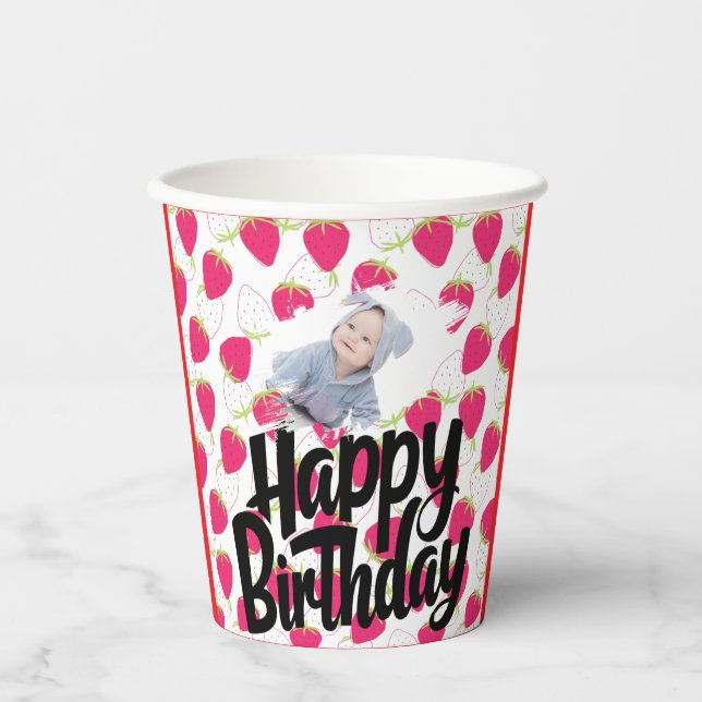 Gobelets En Papier Motif de fraises customisé Joyeux anniversaire (Recto)
