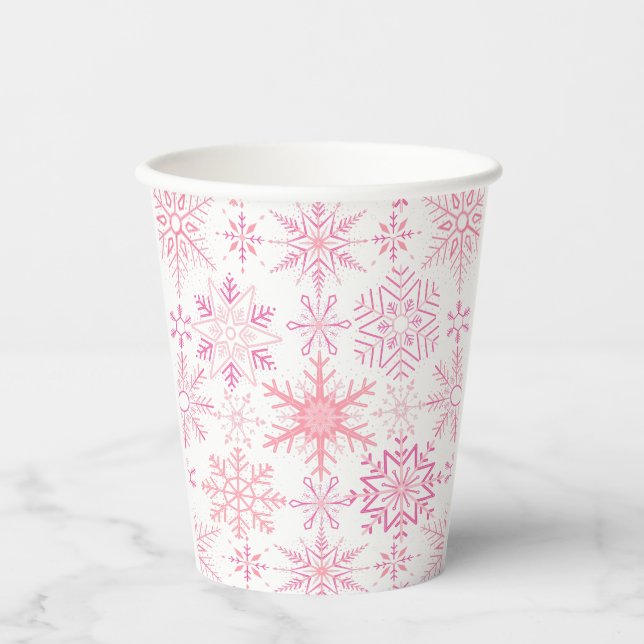 Gobelets En Papier Motif de neige rose (Recto)