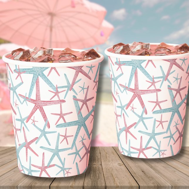 Gobelets En Papier Motif de plage tropicale côtière d'été (Teal Pink Coastal Tropical Starfish Summer Beach Paper Cups)